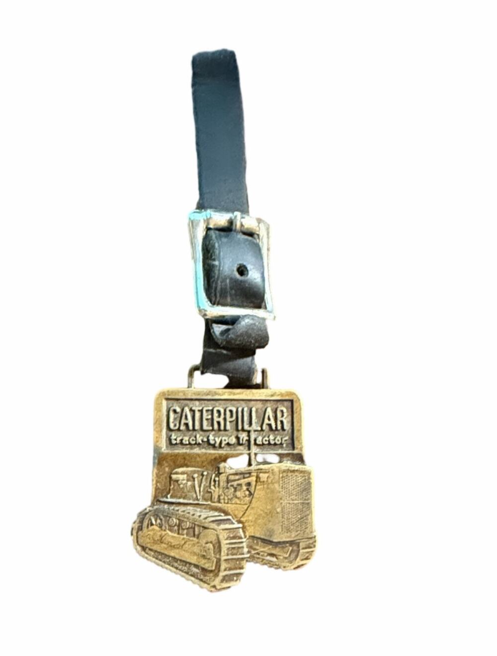 Caterpillar Track Type Tractor Brass Watch Fob with Leather Strap